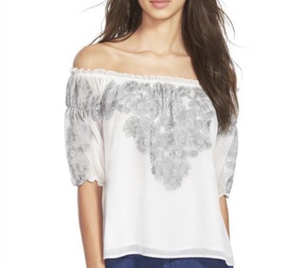 For Love and Lemons White Gray Off Shoulder Chiffon Embroidered Top Size Large